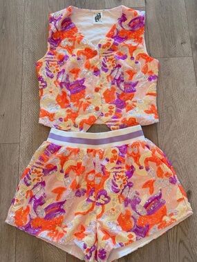 Sequin Vest and Shorts Set - Pink, Orange & Purple